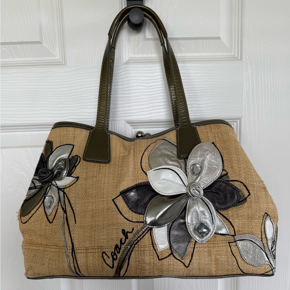 Coach 10th Anniversary Hampton Floral Straw Bag Embellished Floral 13531